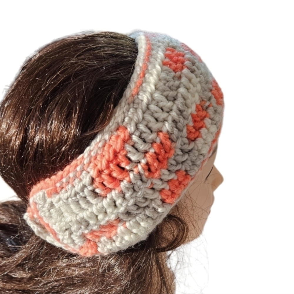 Hand Crafted Headband Handmade Earwarmer Crochet Spa Hair Accessory Beige Orange
